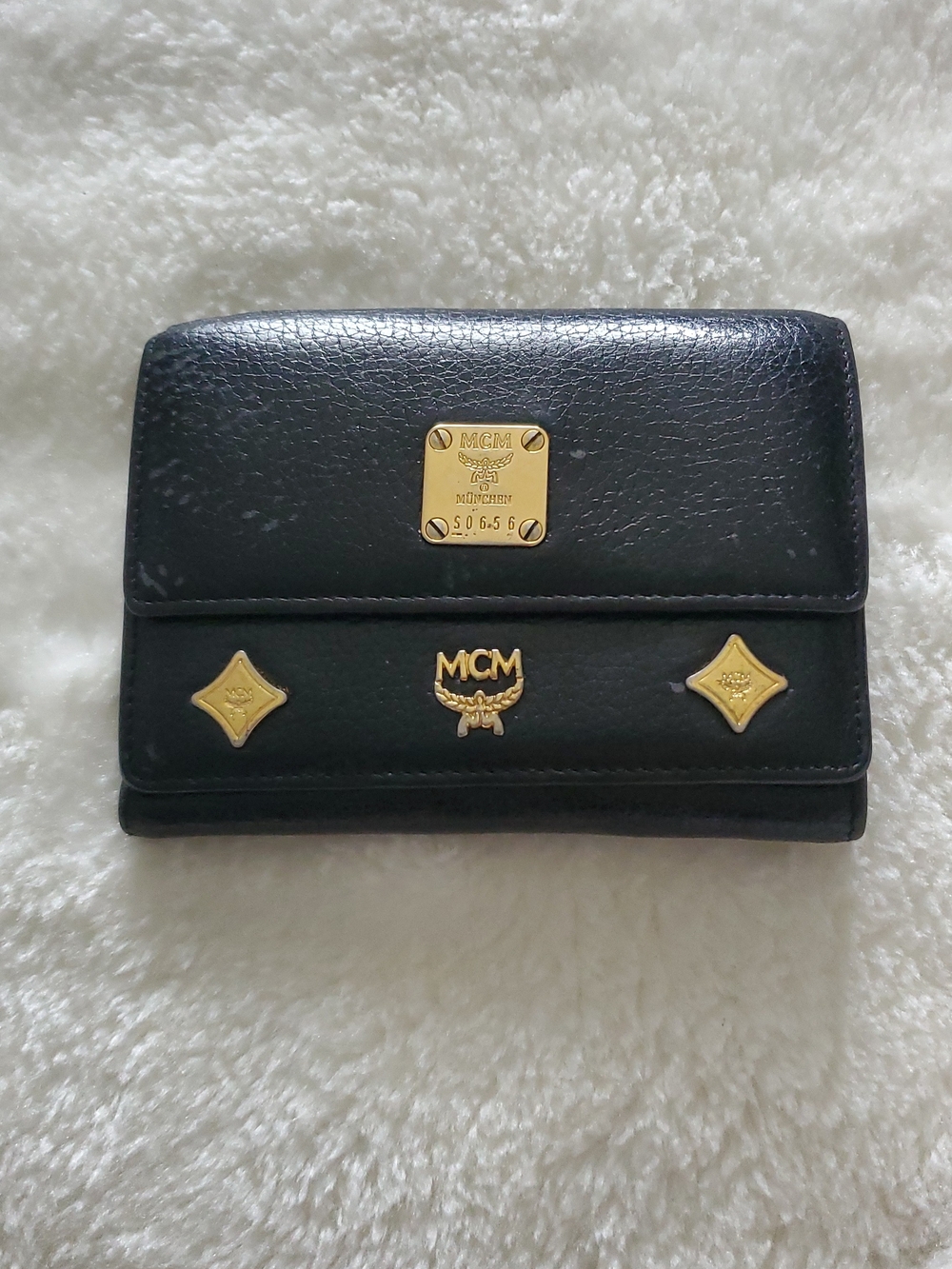 MCM Black Leather Compact Wallet with Gold Plaque and Studs